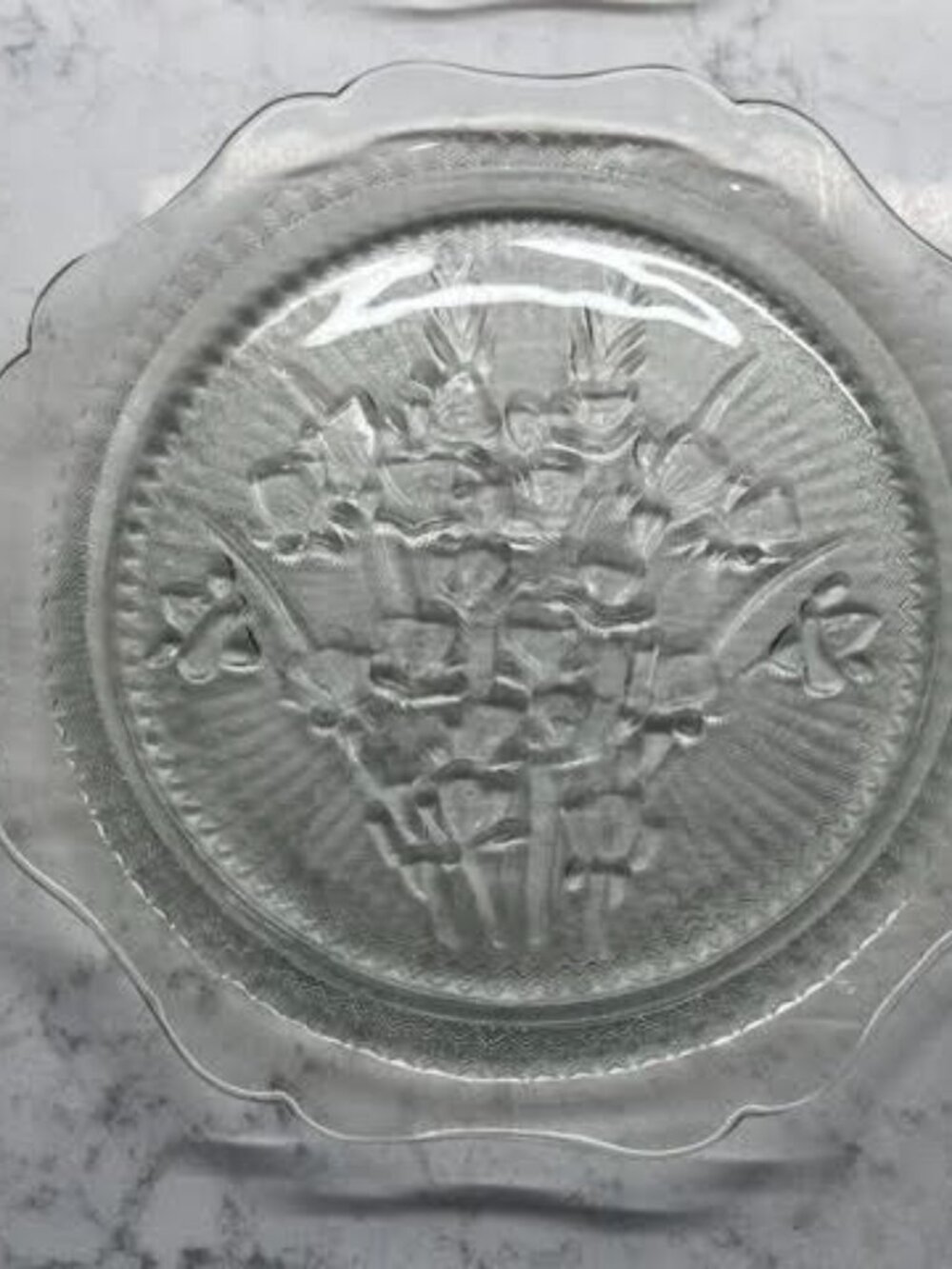 (2) Vintage Anchor Hocking Jeannette Clear Iris Herringbone Dinner Plates, 9.5”